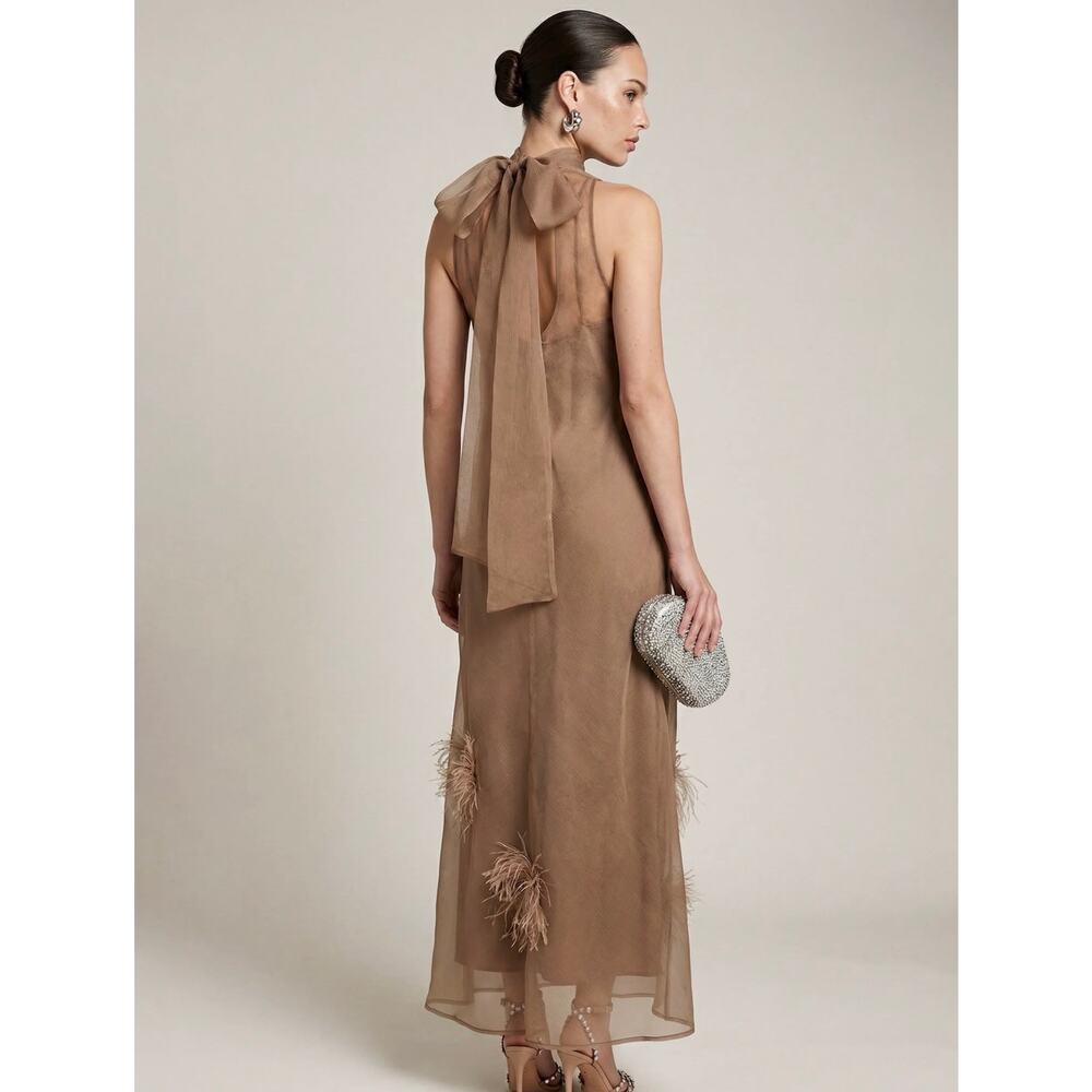 New O.P.T few moda Naia oatmeal feather organza Dress $347 sz M - Picture 2 of 7